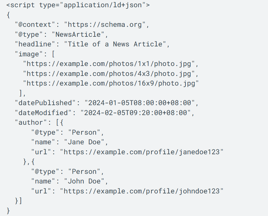 דוגמה לקוד Schema Markup מסוג NewsArticle
